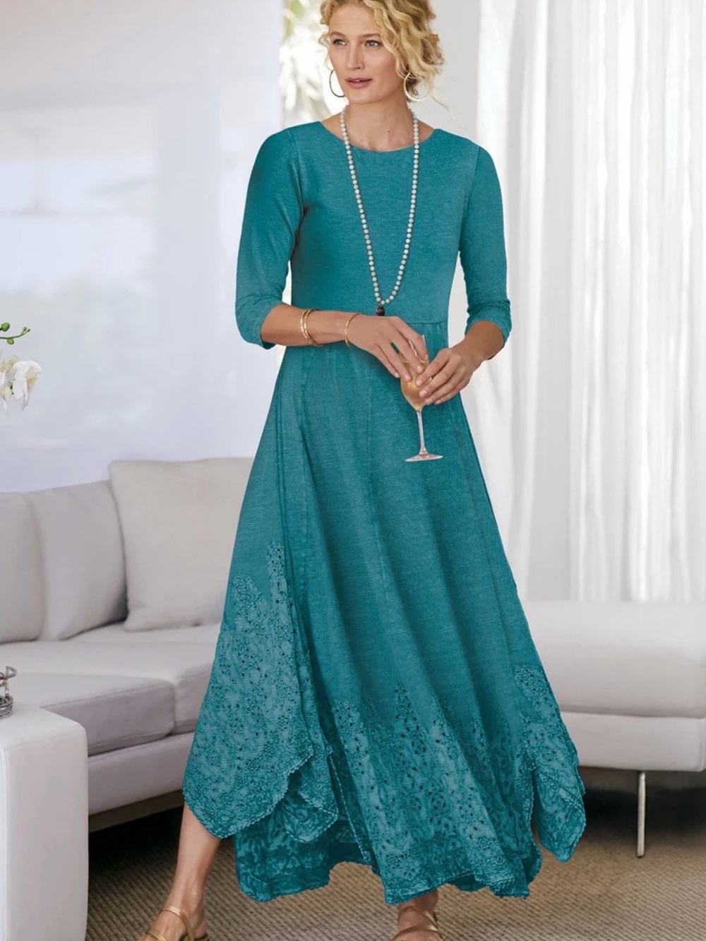 Small Petite Soft Surroundings Teal Casablanca Lace-Hem Maxi Dress EUC